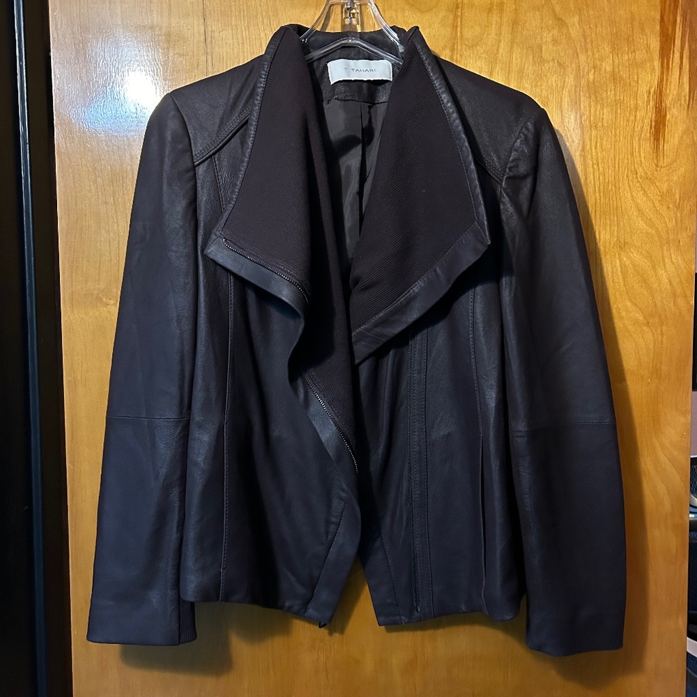 T Tahari Chocolate Brown Leather Jacket Size L